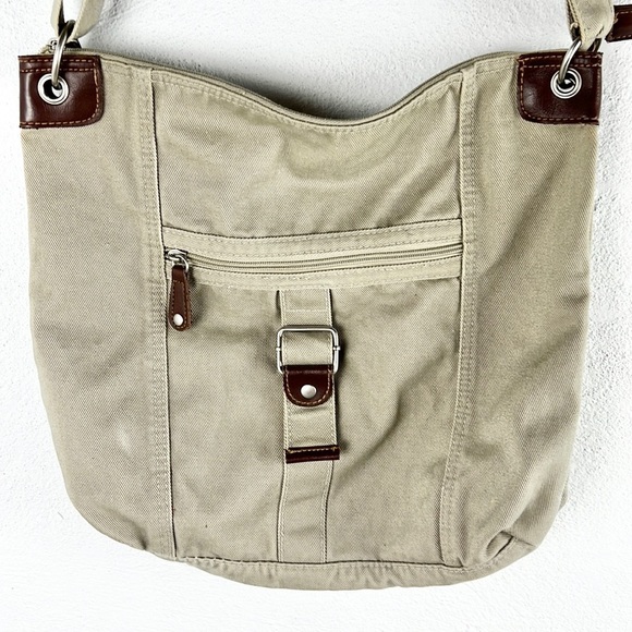 👜 Tan & Brown Faux Leather Trim Adjustable Strap Crossbody Purse Bag - Picture 6 of 10